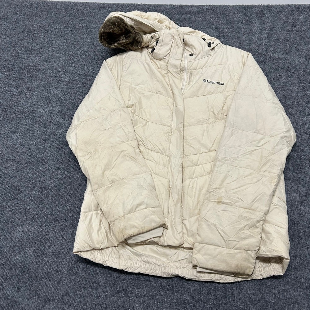 Columbia Puffer Jacket Womens Size S Cream Faux Fur Hood Quilted Insulated Warm